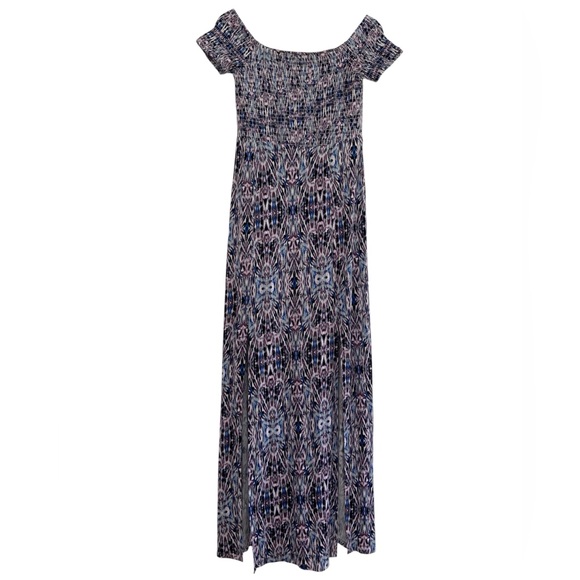 Express Smocked Bodice Maxi Dress Blue Purple Stretch Comfy Boho Off Shoulder S - Picture 4 of 16